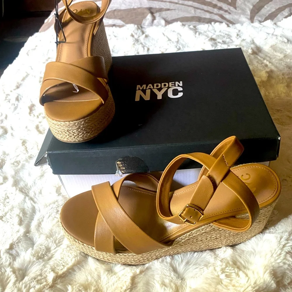 Women’s Tan Wedge Sandals with Ankle Strap